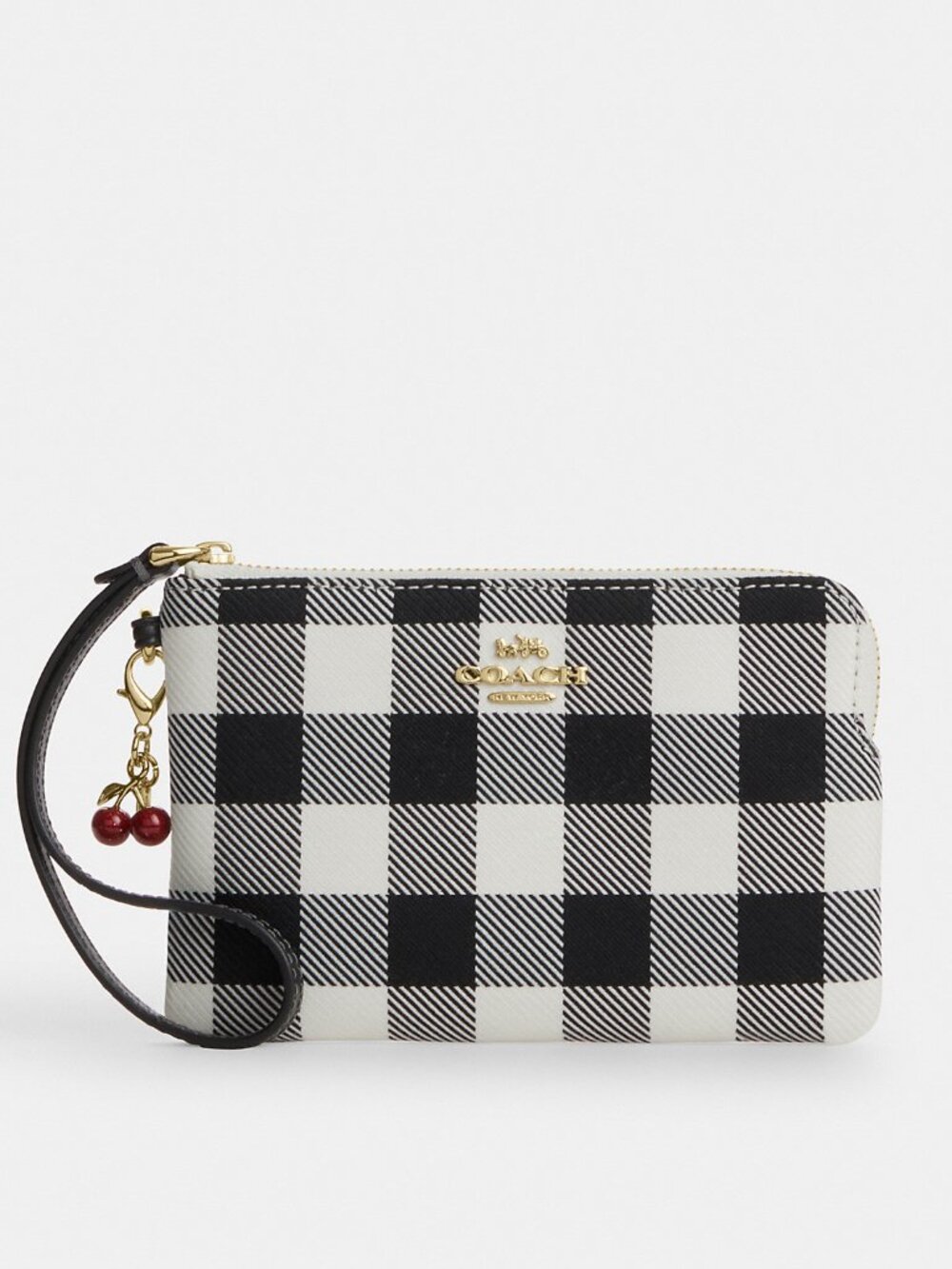 Coach Corner Zip Wristlet With Gingham Print And Charm